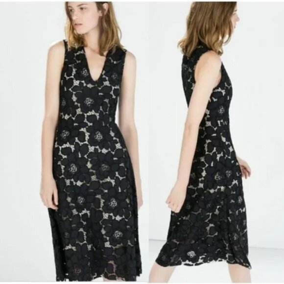 Zara Woman Navy Blue Lace V-Neck Midi Dress $98 - Picture 1 of 14